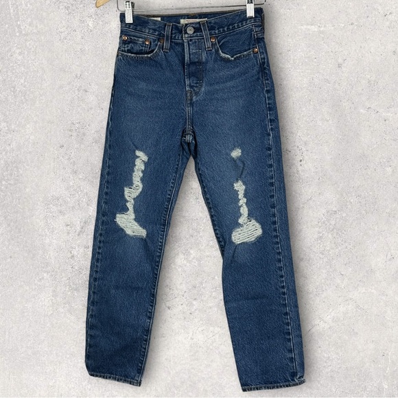 Levis Wedgie Straight Jean Blue Denim Size 25 x 28 Distressed Revolve Button Fly - Picture 3 of 13